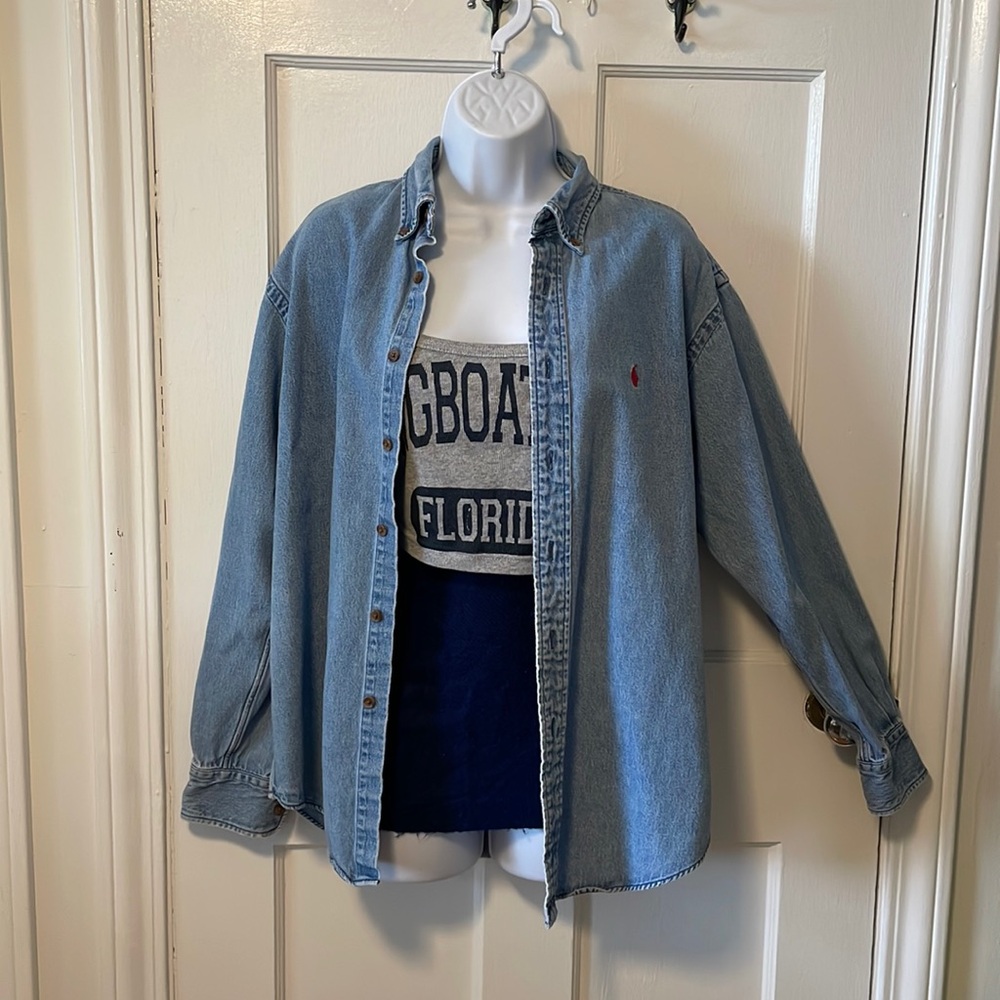 Ralph Lauren Sport Denim Oxford Jacket Large lightweight Size 10 Vintage GOOD